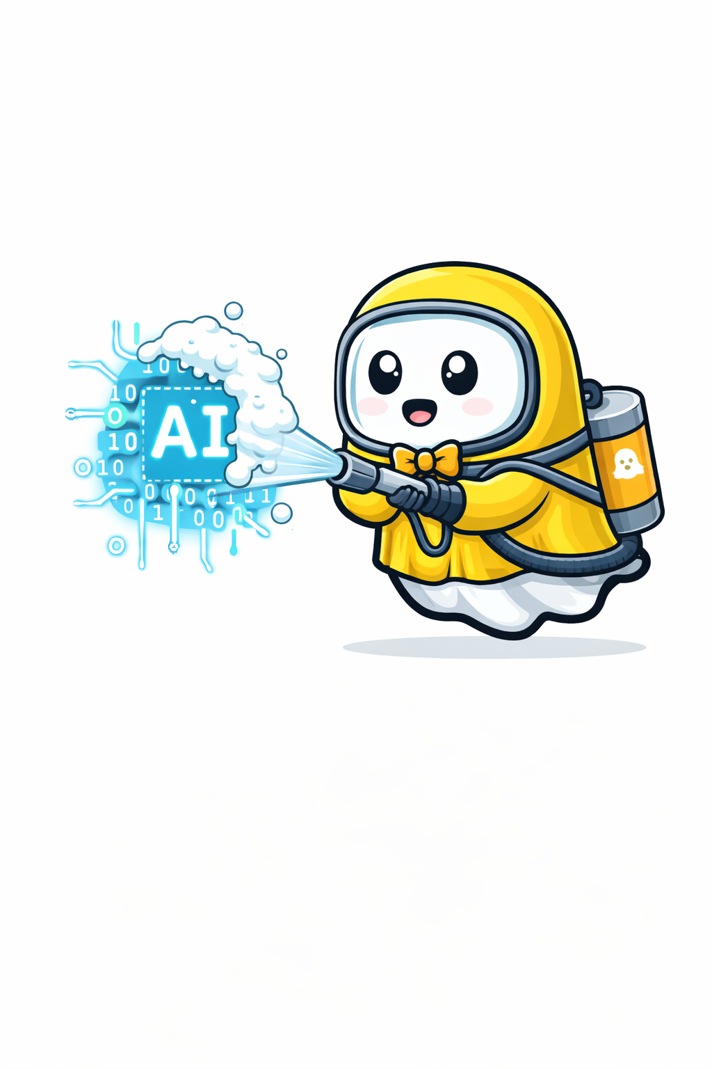 BooRadley, the ghost AI decontamination specialist cleaning an AI symbol with a hose