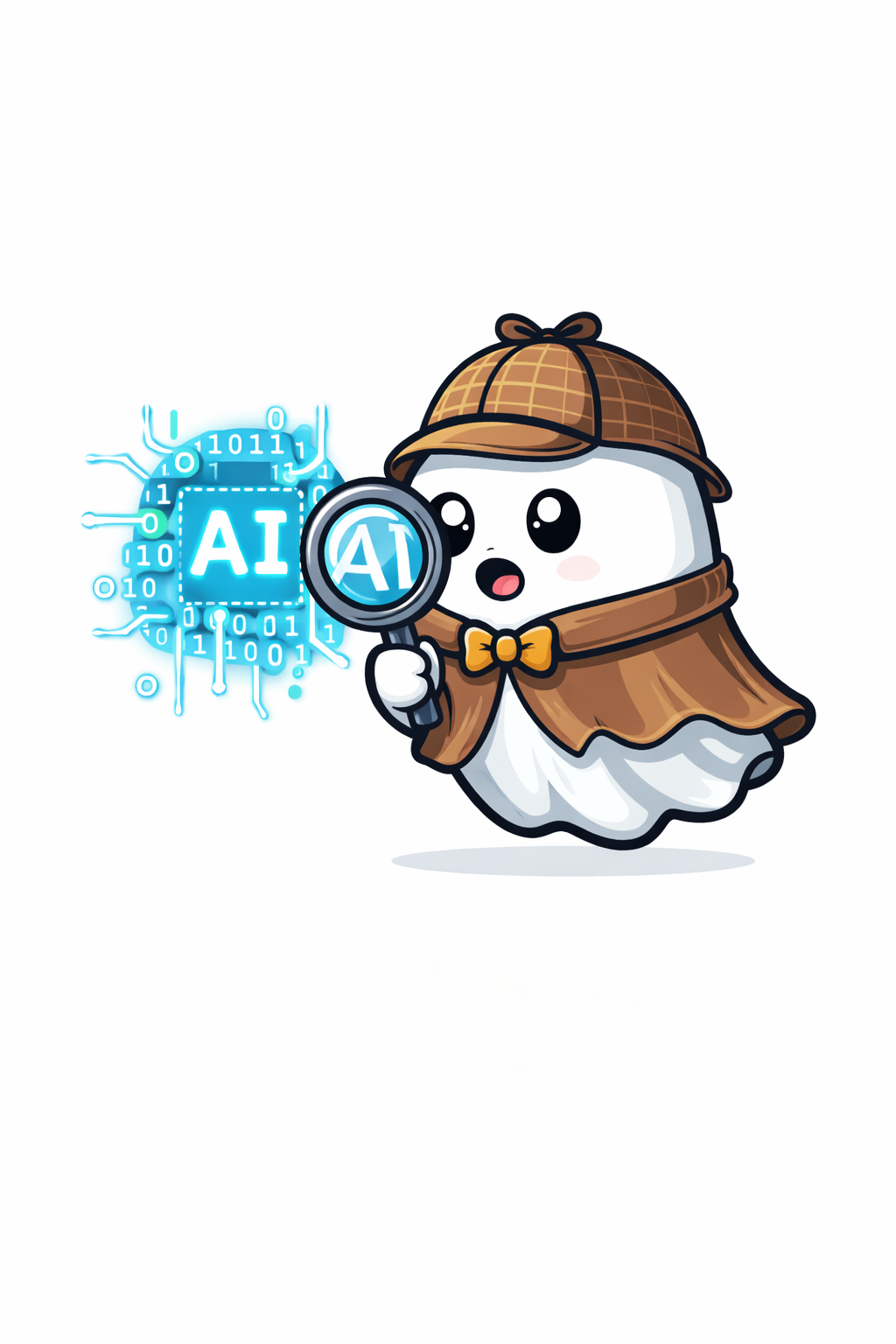Glyph, the ghost detective inspecting an AI symbol with a magnifying glass