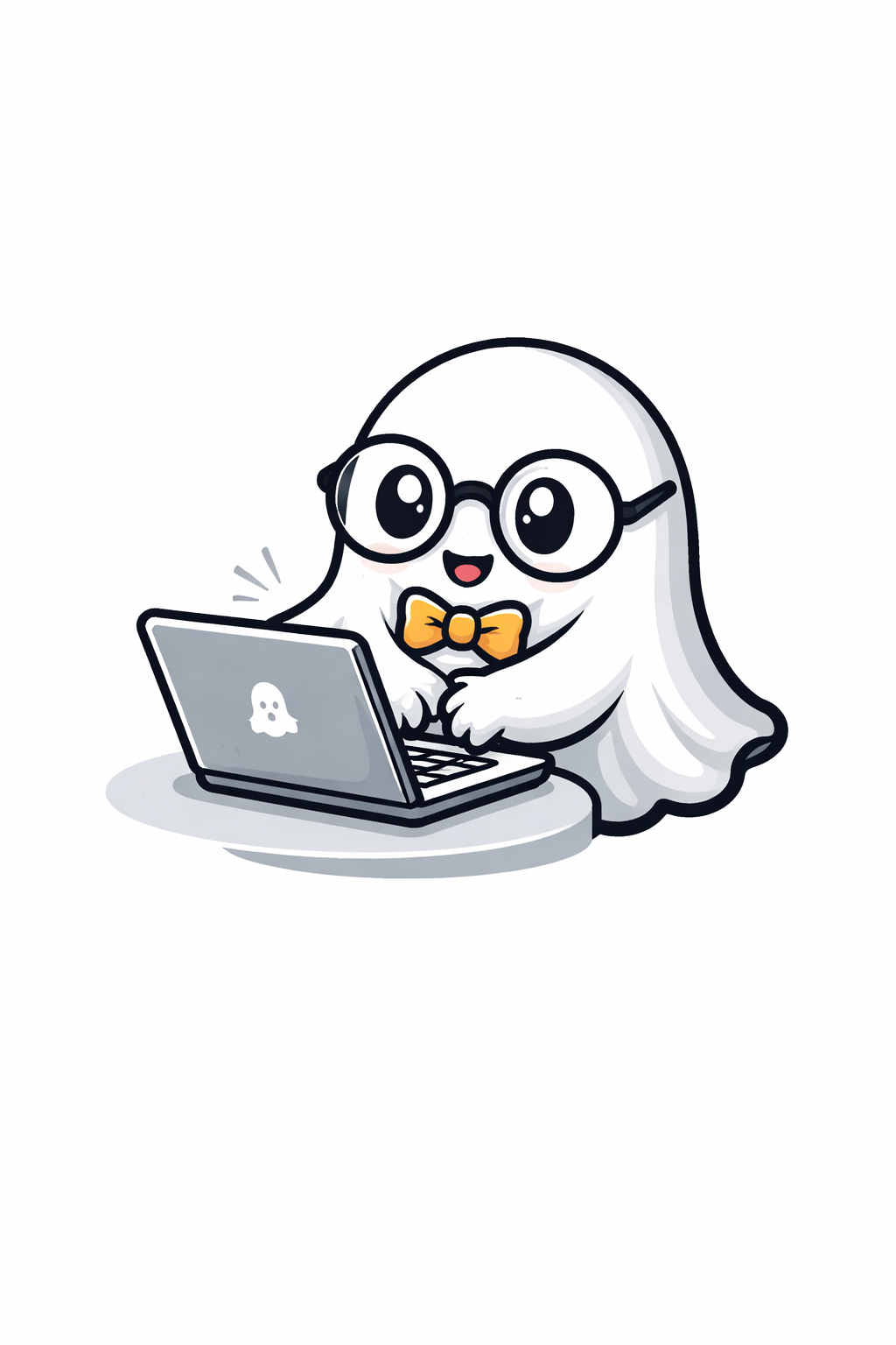 Inkwell, the bespectacled ghost writer typing on a laptop