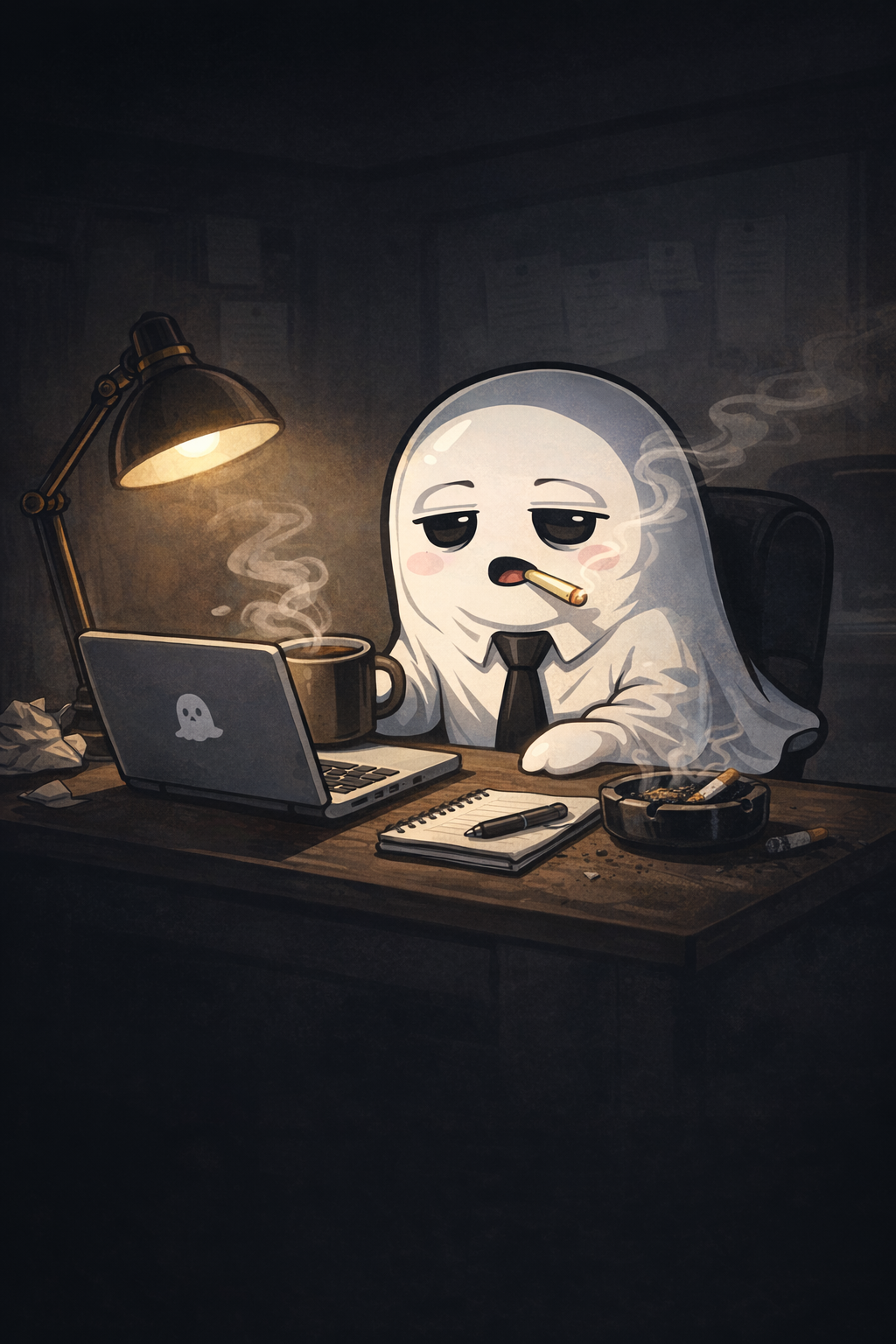 Rory, the exhausted ghost editor working late at a laptop with coffee