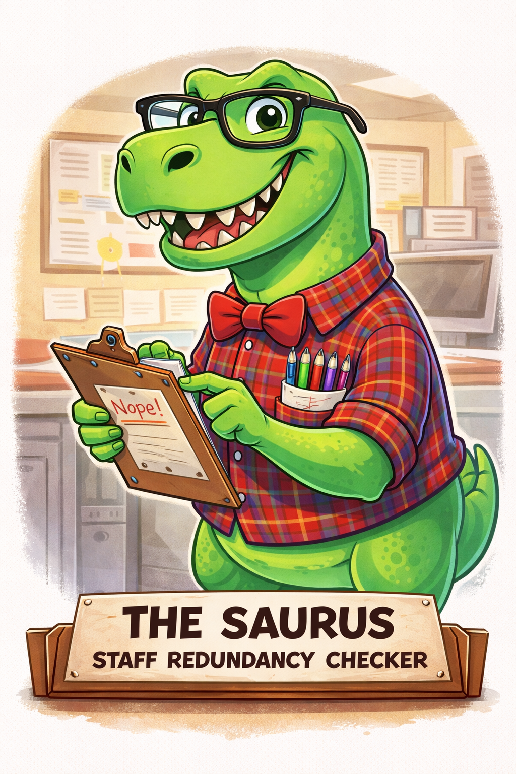 The Saurus, a green dinosaur editor checking a document for redundant language
