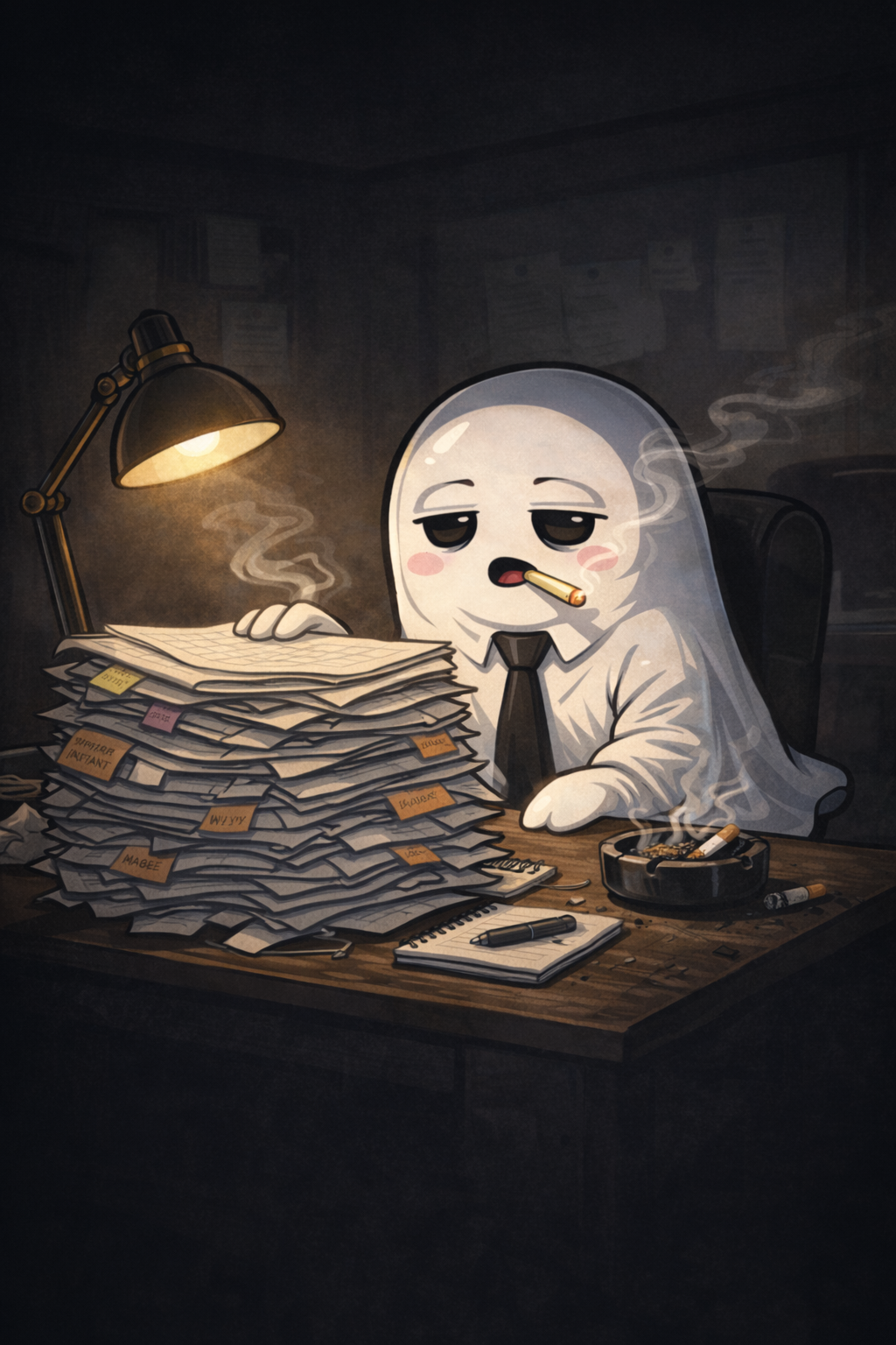 A tired ghost writer sitting at a desk beside a massive stack of manuscript pages under a dim lamp
