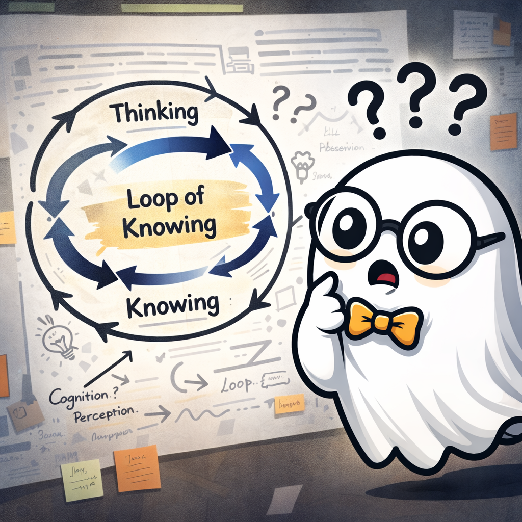 Inkwell studies a circular diagram labeled loop of knowing while question marks surround him