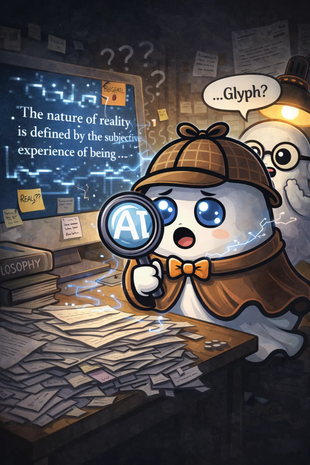 Glyph dressed as a detective examines artificial intelligence and philosophical writing with a magnifying glass