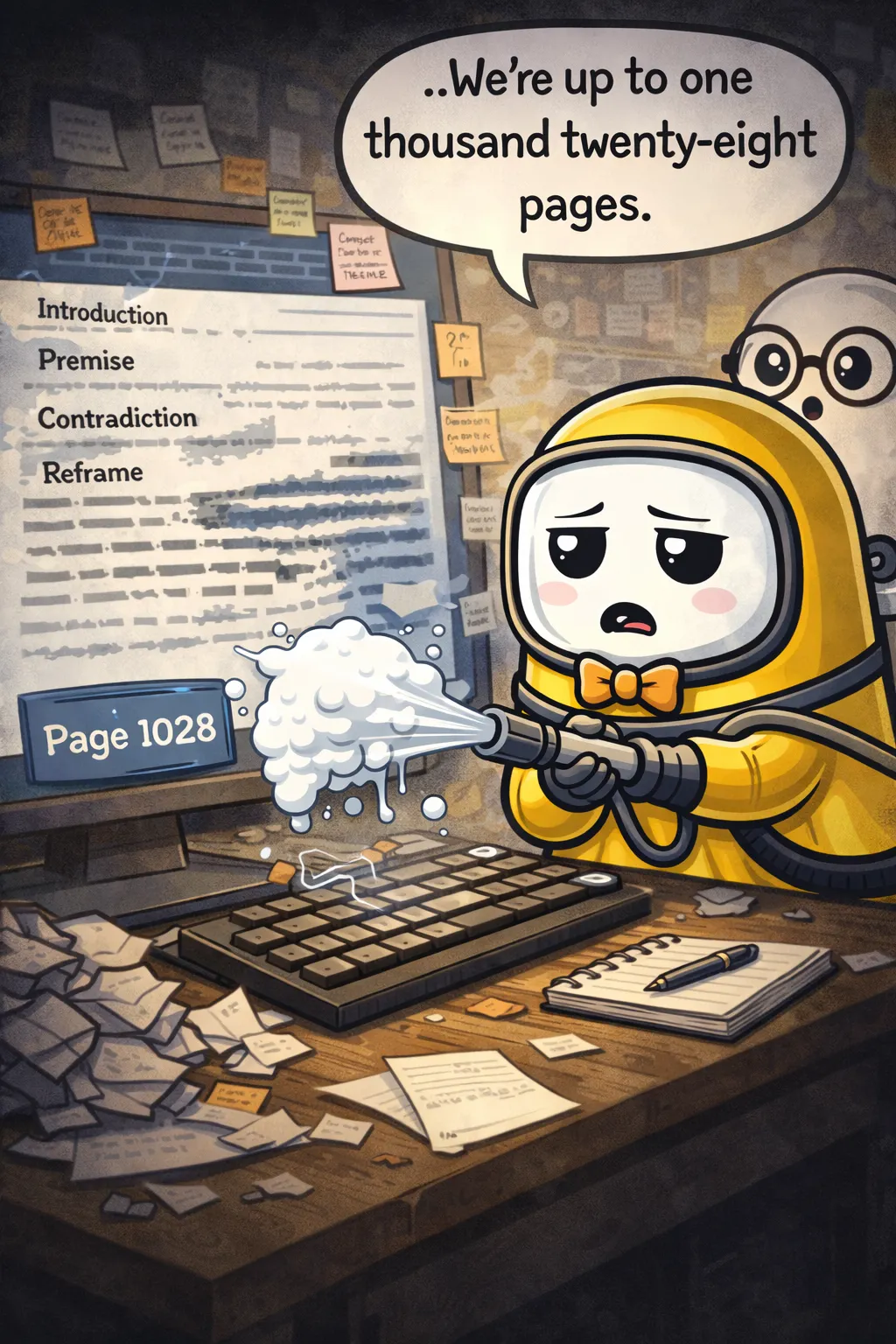 BooRadley wears protective equipment and sprays foam at a computer displaying page 1028