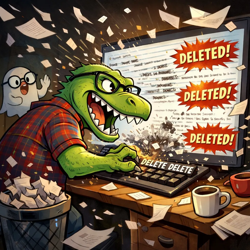 The Saurus aggressively deletes large sections of a manuscript while pages fly through the office