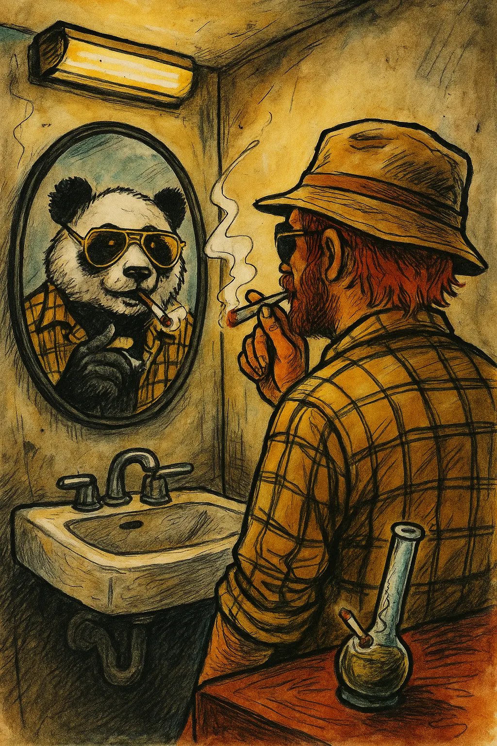 A man wearing a bucket hat looks into a bathroom mirror and sees a panda wearing sunglasses